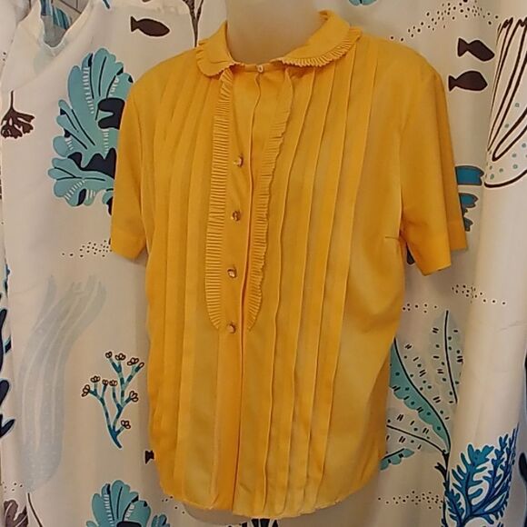 Vintage 60s Yellow Blouse With Rhinestone Buttons - Picture 1 of 8